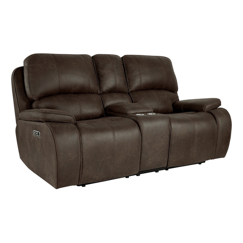 New Classic Furniture Brookings Fabric Power Reclining Console Loveseat in Brown