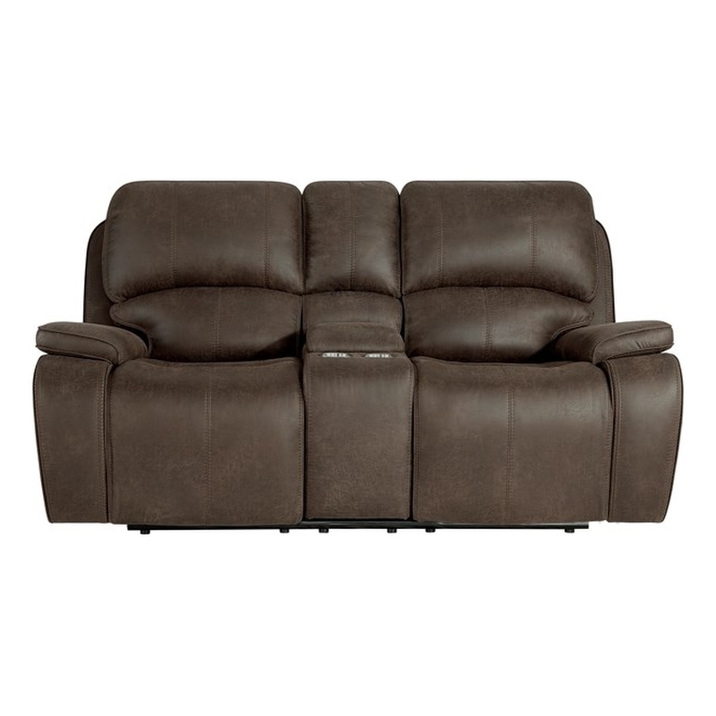 New Classic Furniture Brookings Fabric Power Reclining Console Loveseat in Brown