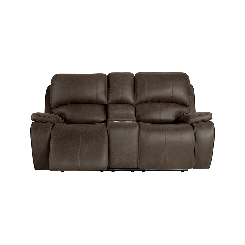 New Classic Furniture Brookings Fabric Power Reclining Console Loveseat in Brown
