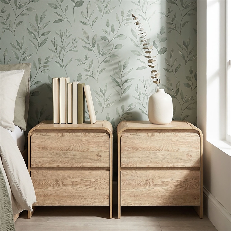New Classic Furniture Mara Wood 2-Drawer End Table in Natural/Beige (Set of 2)