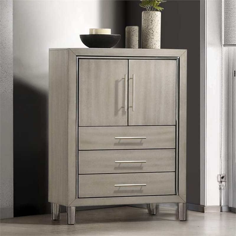 New Classic Furniture Lennox Wood Modern Door Chest with LED Light in Gray