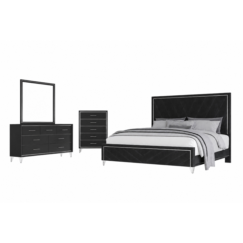 New Classic Furniture Ava 4-Pc Wood Cal King Bedroom Set w Chest in Ebony Black
