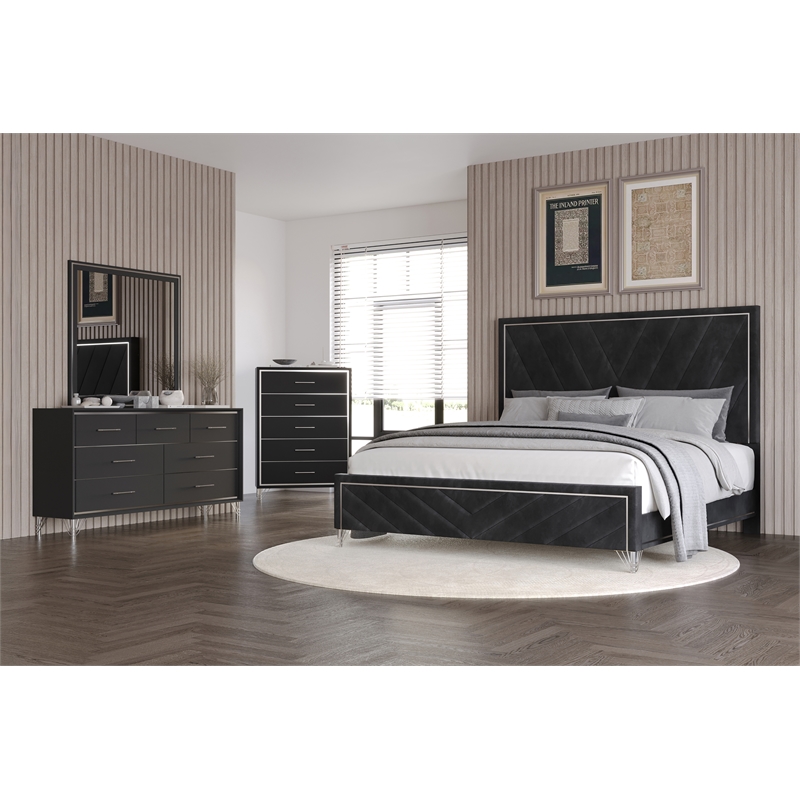 New Classic Furniture Ava 4-Pc Wood Cal King Bedroom Set w Chest in Ebony Black