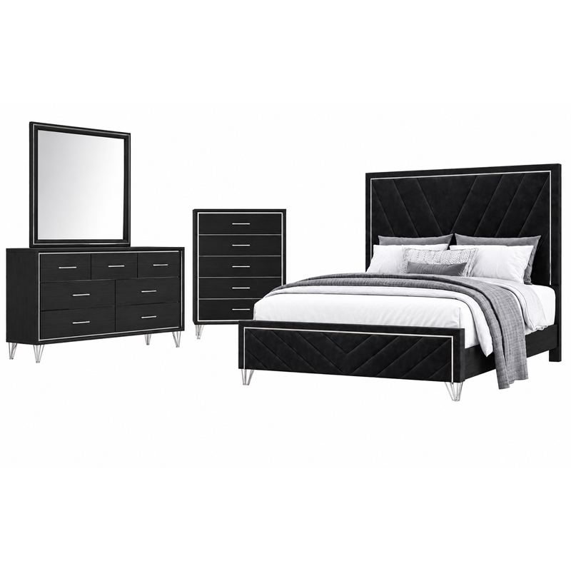 New Classic Furniture Ava 4-Pc Wood Queen Bedroom Set with Chest in Ebony Black