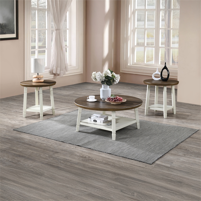 New Classic Furniture Flaherty 3-Piece Wood Occasional Table Set in Brown/White