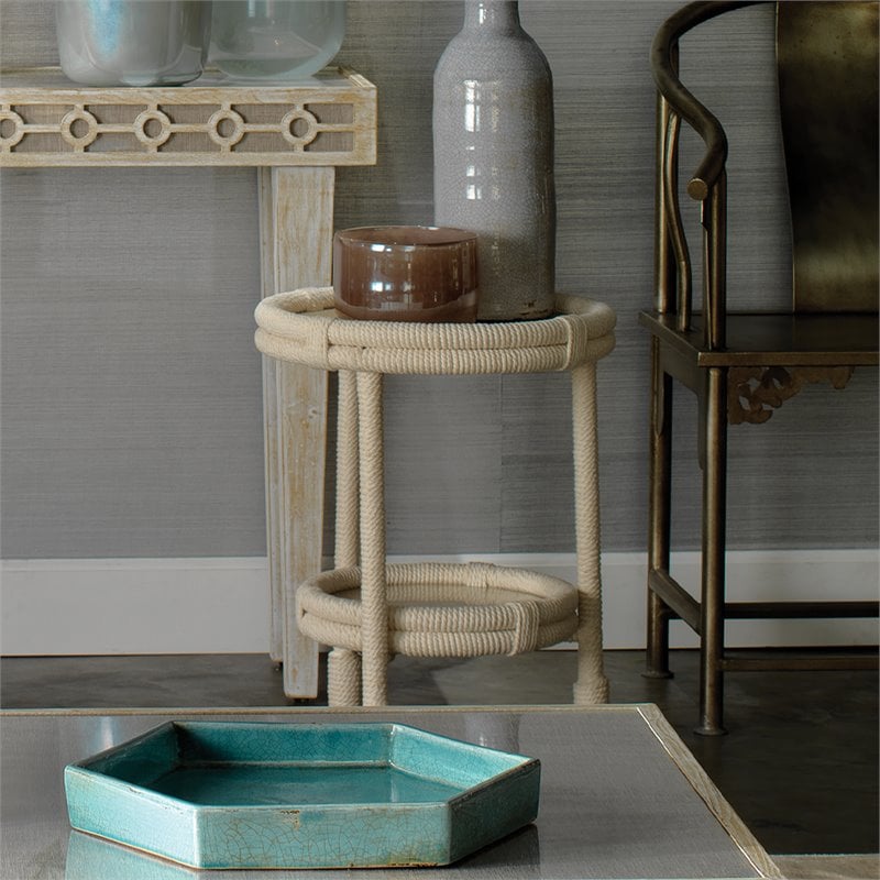 J&D Designs Co Delta Lower Shelf Coastal Cotton & Glass Side Table in Off White