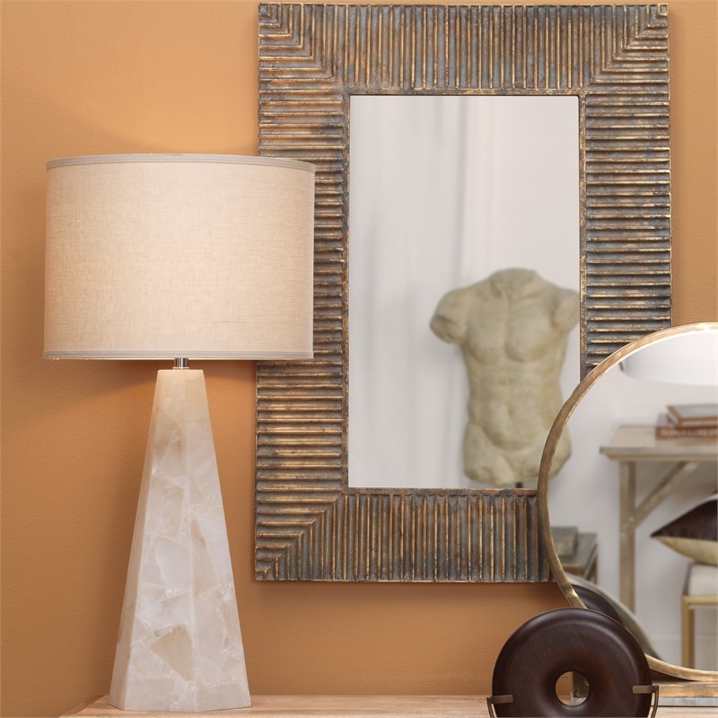 J&D Designs Co Borealis Hexagon Modern Alabaster Stone/Linen Table Lamp in White