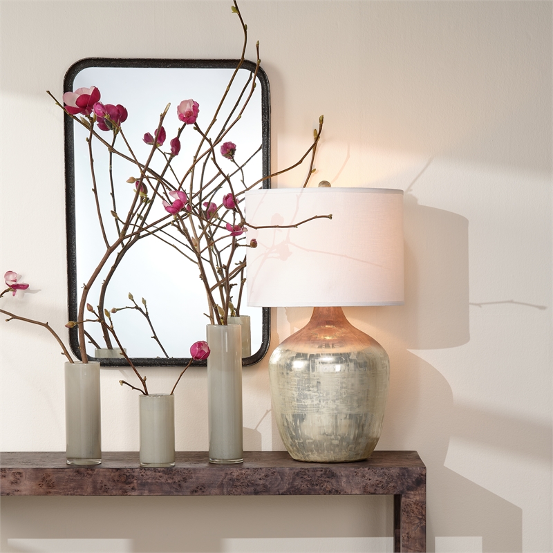 J&D Designs Co Damsel 1-Light Glass & Linen Table Lamp in Silver/White