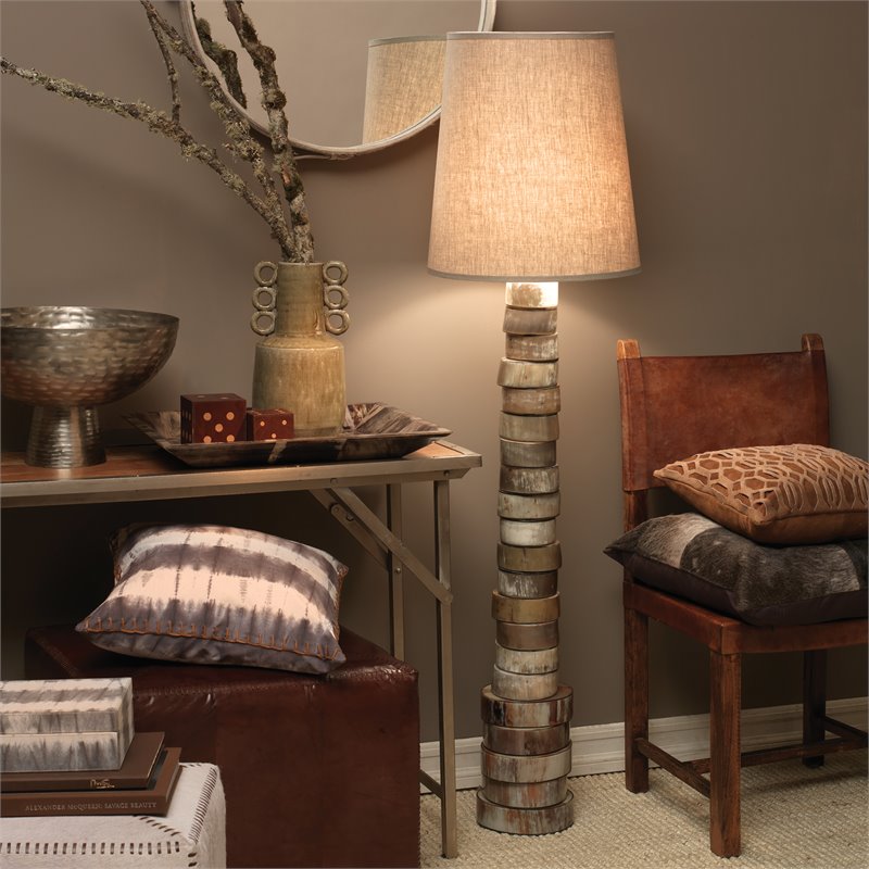 J&D Designs Co Stacked Traditional Elephant Hemp Fabric Horn Floor Lamp in Brown