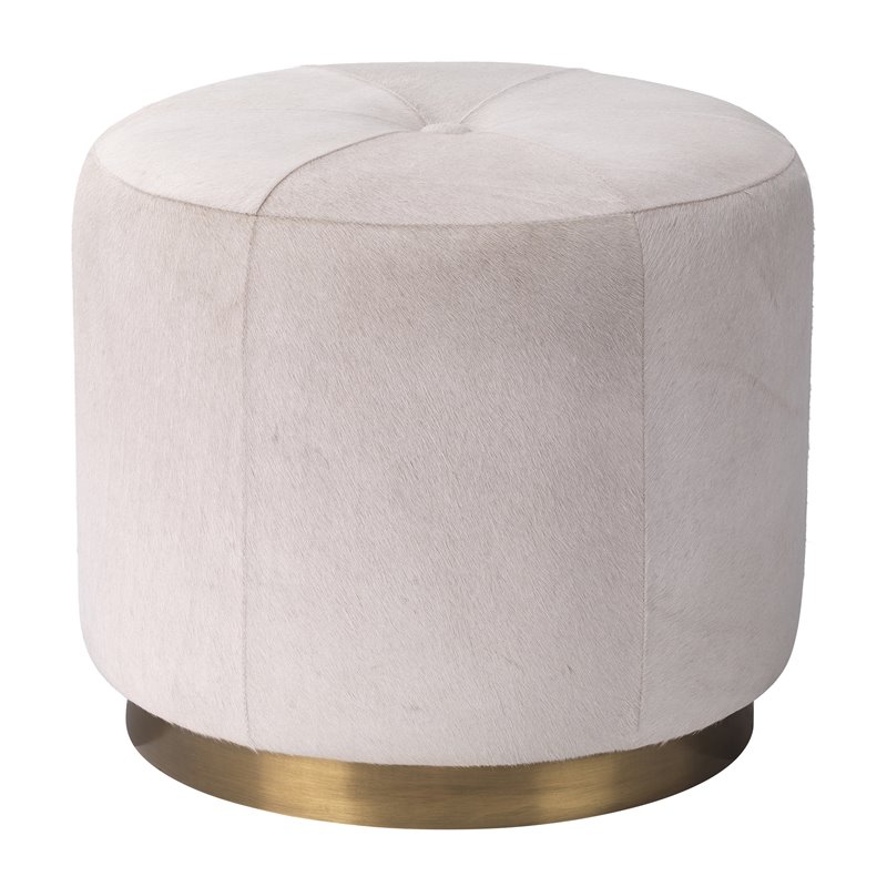 J&D Designs Co Thackeray Small Round Metal/Leather Hide Pouf in White