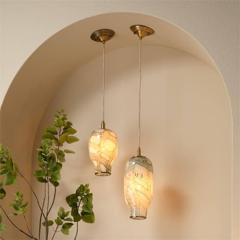 J&D Designs Co Helen Large Coastal Glass Pendant in Pale Blue/Antique Brass