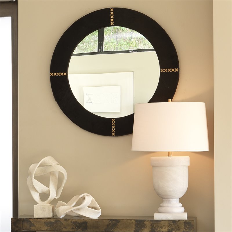 J&D Designs Co Round Cross Stitch Modern Leather Hide Mirror in Espresso/Brass