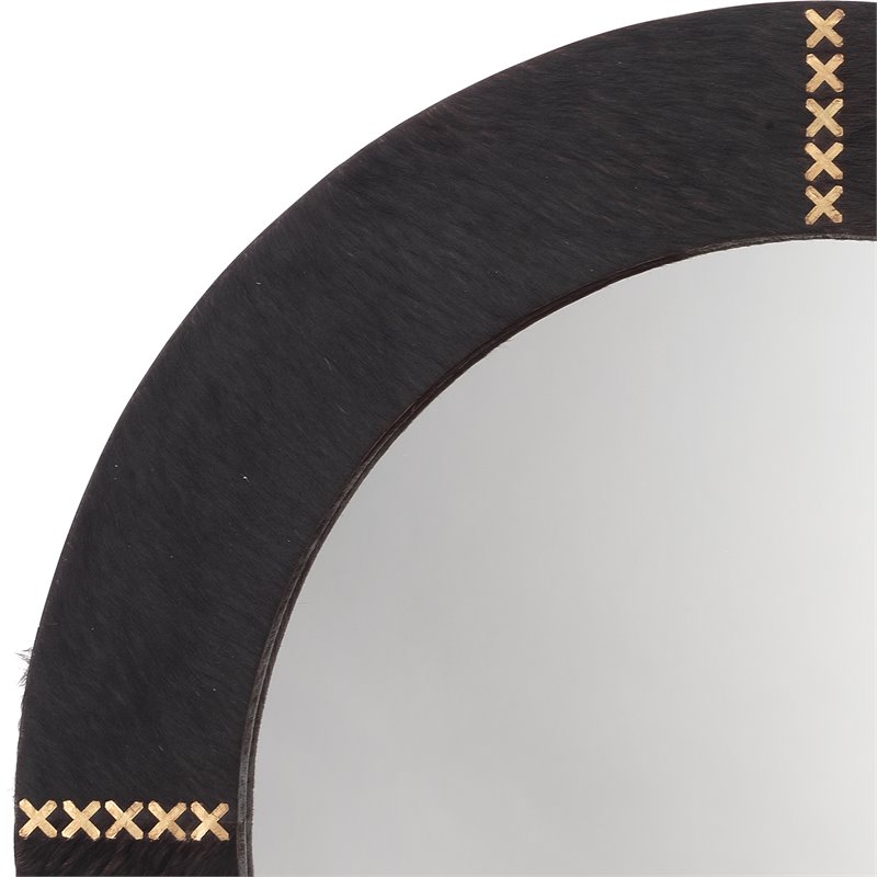 J&D Designs Co Round Cross Stitch Modern Leather Hide Mirror in Espresso/Brass