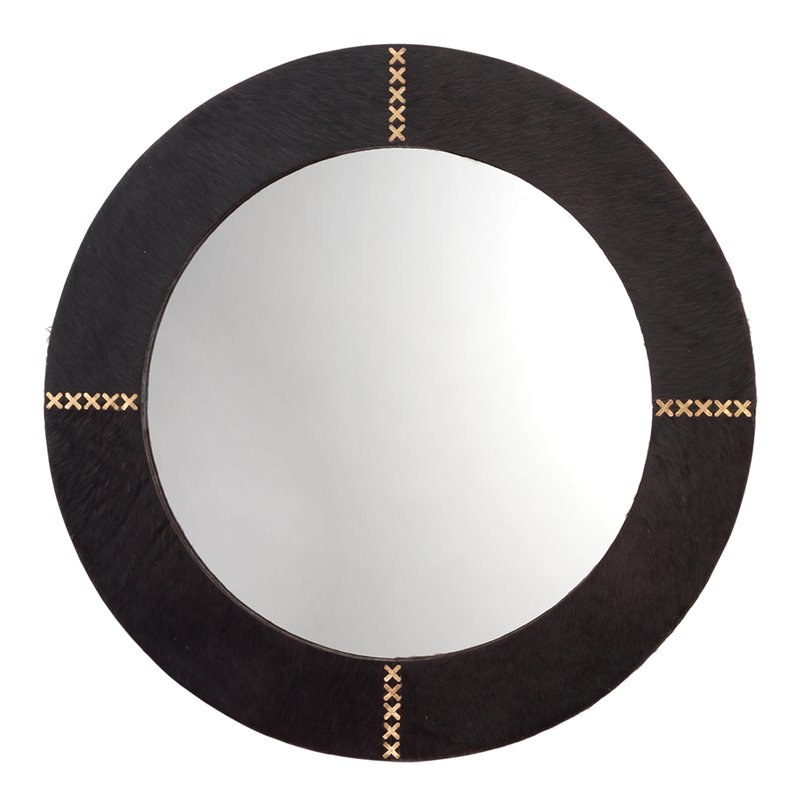 J&D Designs Co Round Cross Stitch Modern Leather Hide Mirror in Espresso/Brass