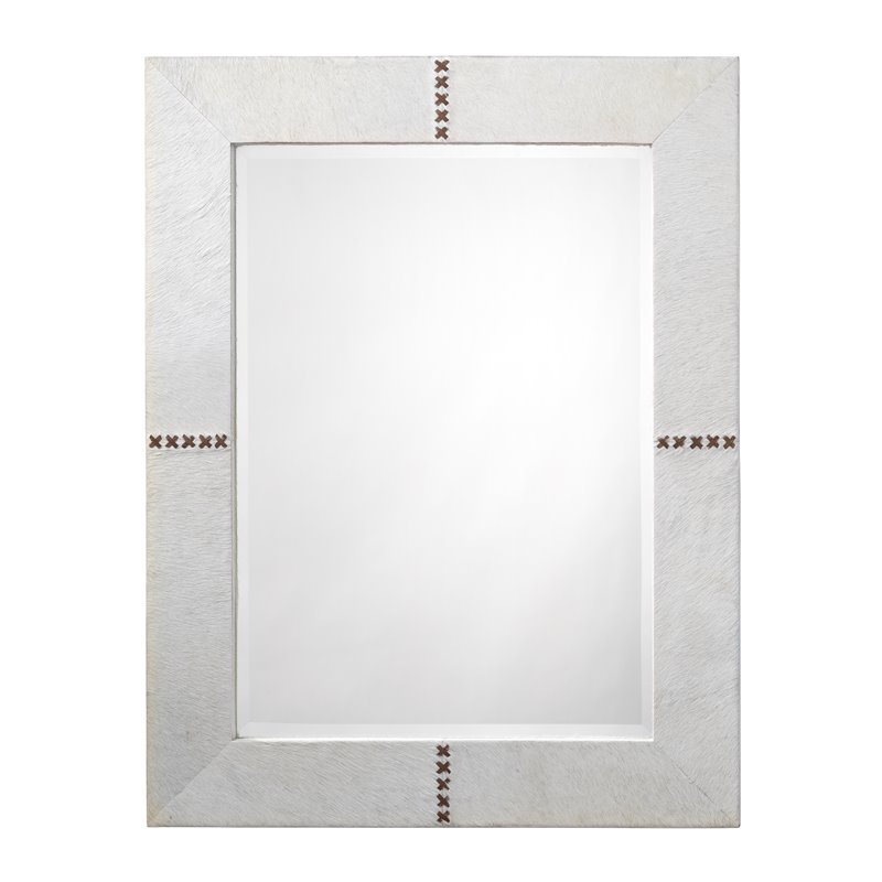 J&D Designs Co Cross Stitch Rectangle Leather Hide Mirror in White/Brown
