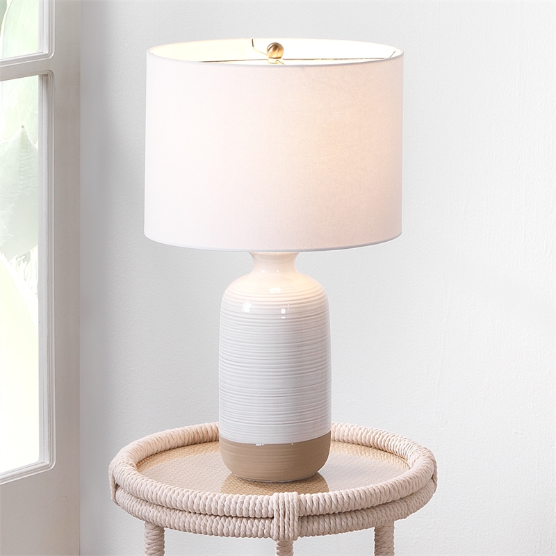 J&D Designs Ashwell Ceramic Table Lamp with Linen Shade in White/Brown