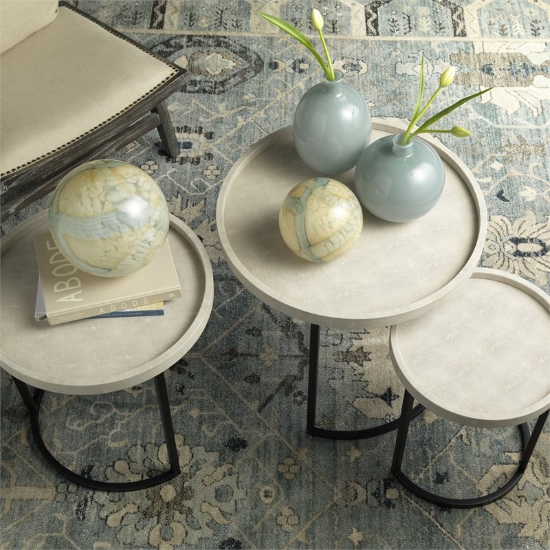 J&D Designs Maddox Faux Leather & Iron Nesting Tables in Cream (Set of 3)