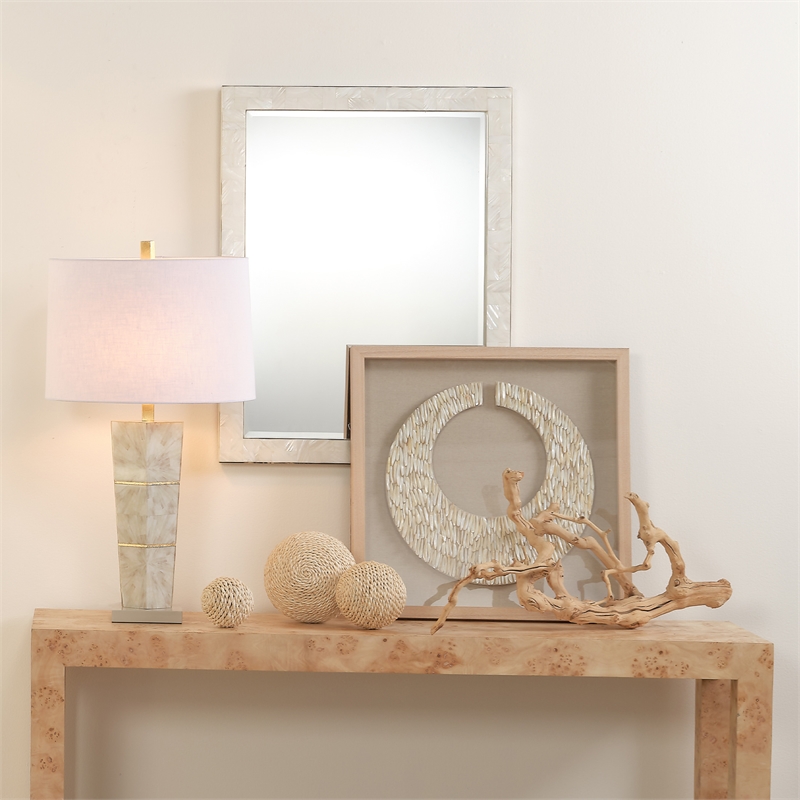j&d designs co spectacle 1-light wood & linen table lamp in gray/white