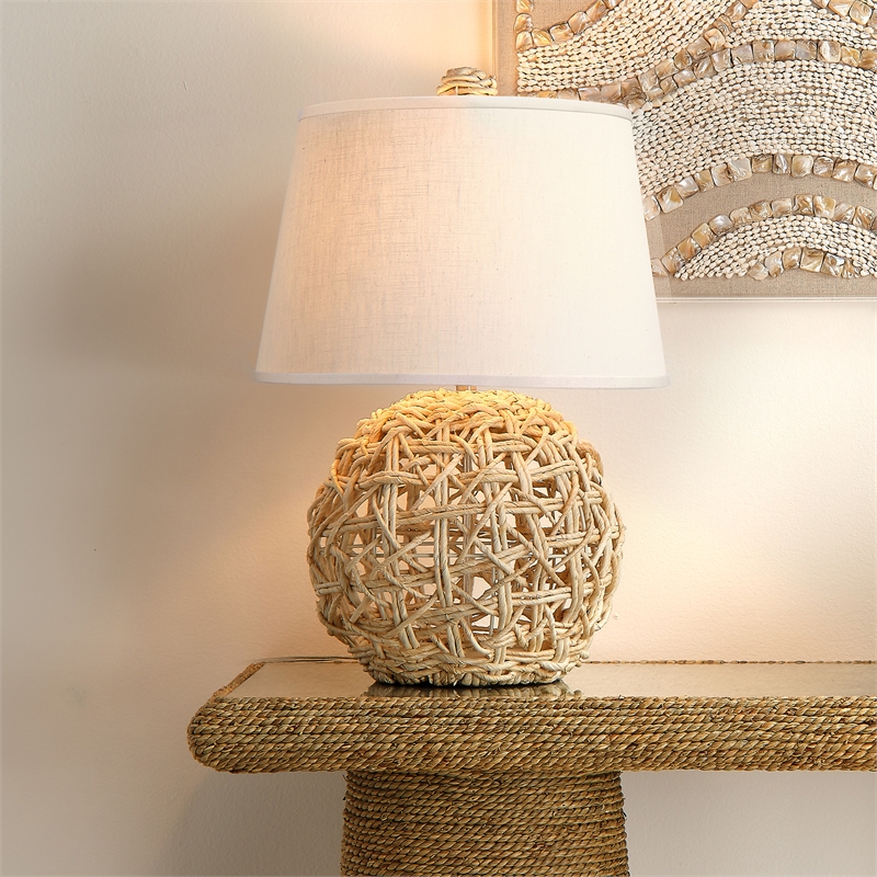 J&D Designs Co Maui 1-Light Coastal Rattan & Linen Table Lamp in Natural/White