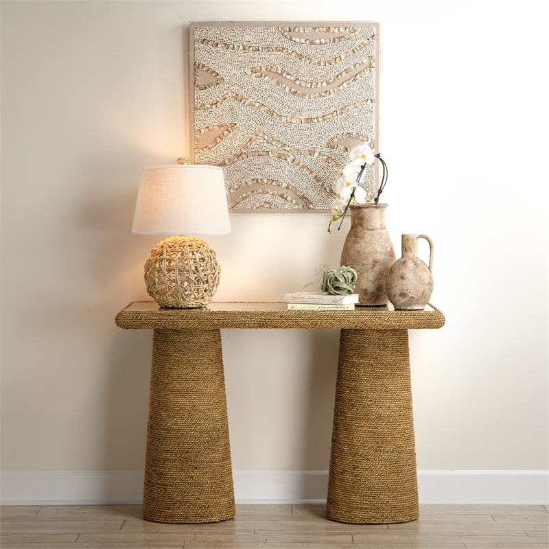 J&D Designs Co Maui 1-Light Coastal Rattan & Linen Table Lamp in Natural/White
