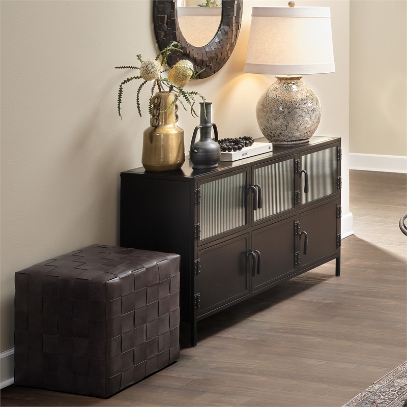 J&D Designs Co Woven Leather Ottoman in Dark Gray