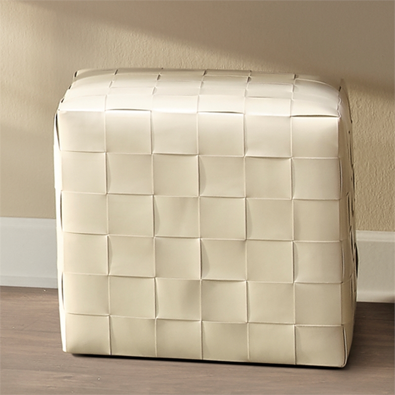 J&D Designs Co Woven Leather Ottoman in White Hide Leather