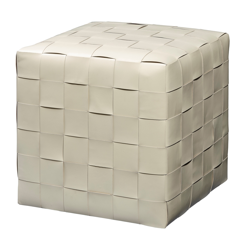 J&D Designs Co Woven Leather Ottoman in White Hide Leather