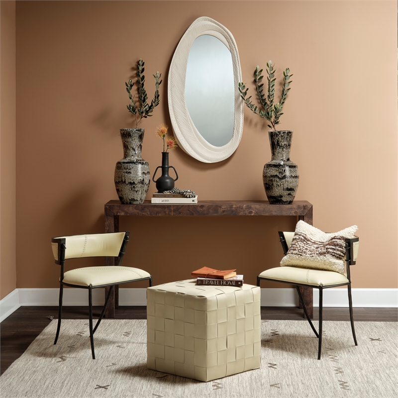 J&D Designs Co Woven Leather Ottoman in White Hide Leather