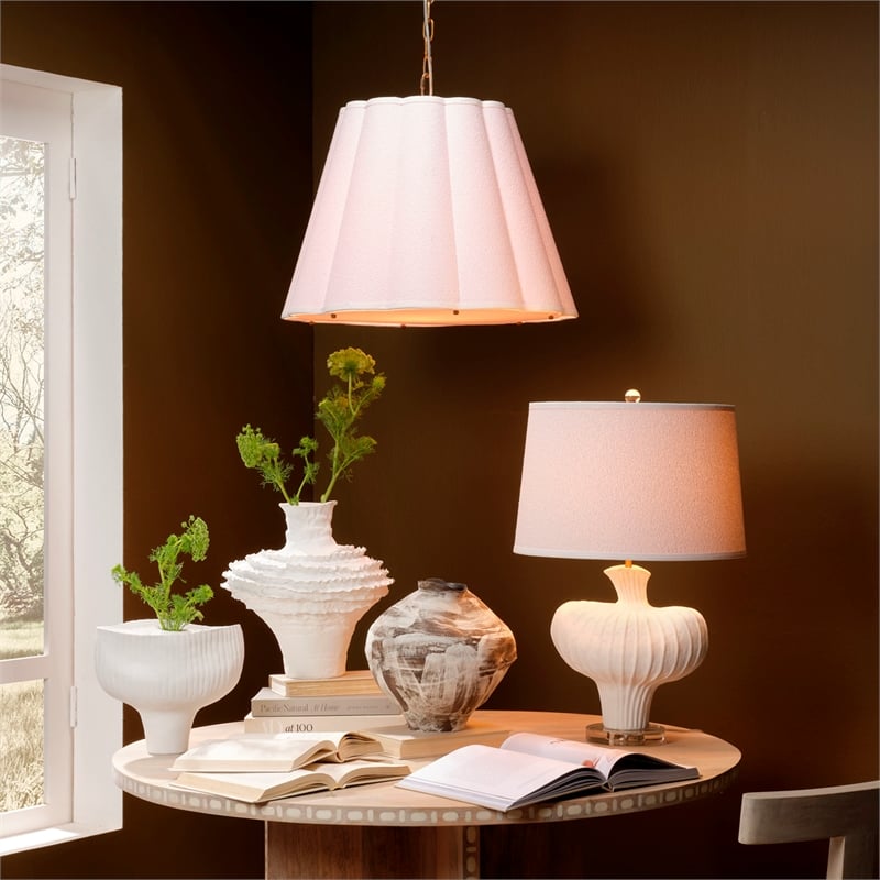 J&D Designs Co Scalloped 1-Light Pendant Boucle Linen Fabric White