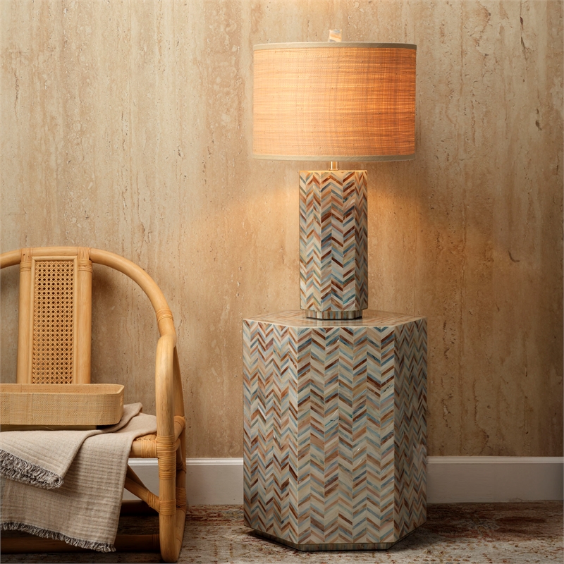 J&D Designs Lucille Mother of Pearl Table Lamp with Raffia Shade