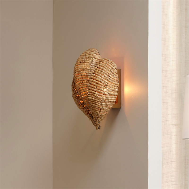 J&D Designs Co Anguilla 1-Light Wood Beaded Wall Sconce in Natural Beige