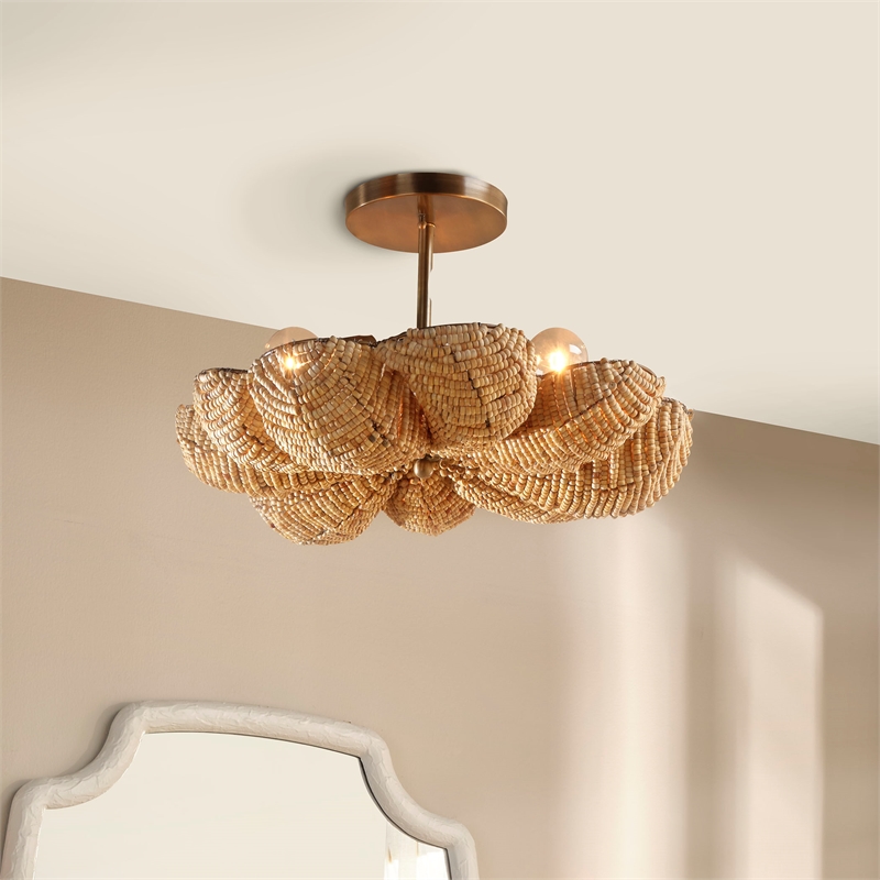 J&D Designs Co Anguilla Semi-Flush Mount in Natural Beige Wood Beads in Natural