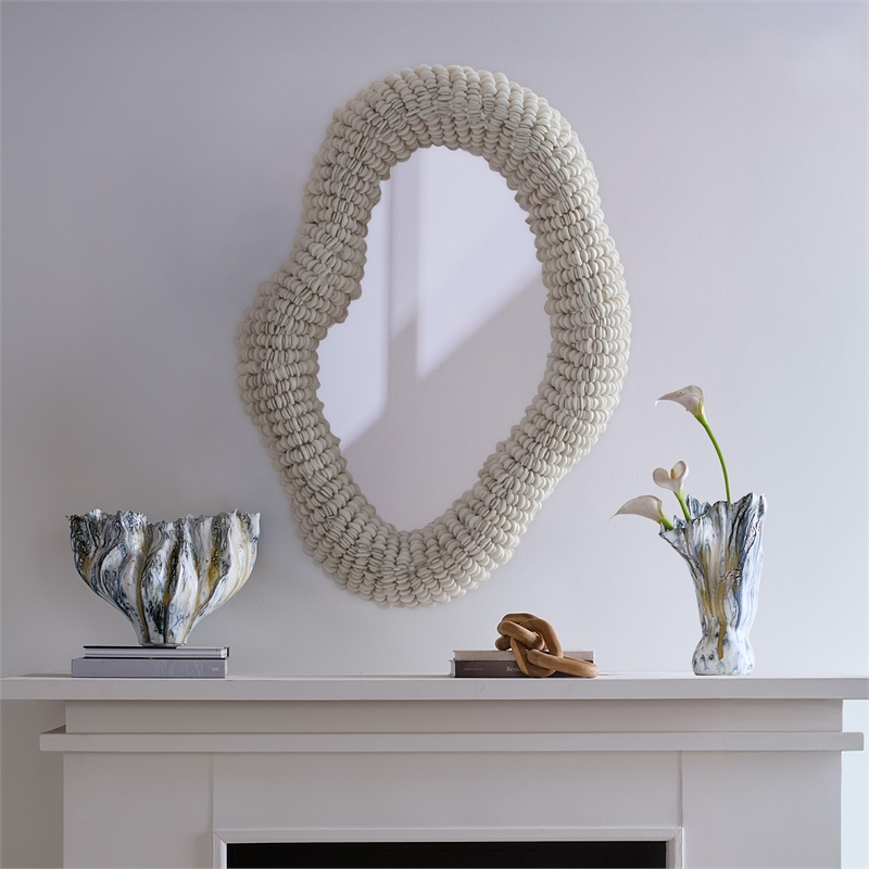 J&D Designs Co Amoeba Wood Beaded Wall Mirror in White