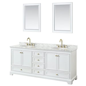 Wyndham Collection Deborah 80&quot Mirrors Wood Double Bathroom Vanity in White/Gold