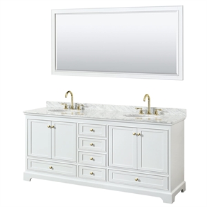 Wyndham Collection Deborah 80&quot Mirror Wood Double Bathroom Vanity in White/Gold
