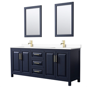 Wyndham Collection Daria 80&quot Mirrors Wood Double Bathroom Vanity in Blue/Gold