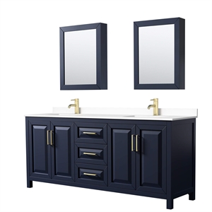 Wyndham Collection Daria 80&quot Wood & Marble Double Bathroom Vanity in Blue/Gold
