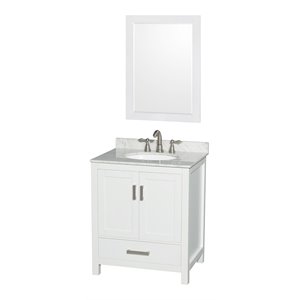 Wyndham Collection Sheffield 30&quot Carrara & Wood Single Bathroom Vanity in White