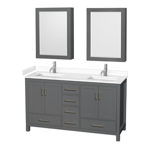 Wyndham Collection Sheffield 60&quot Marble/Wood Double Bathroom Vanity in Dark Gray