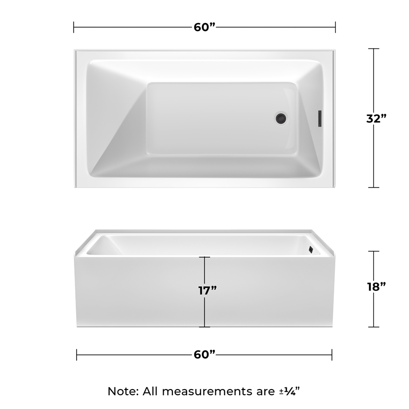 Grayley 60x32x18 Inch Alcove Bathtub with Right-Hand Drain & Trim in Matte Black