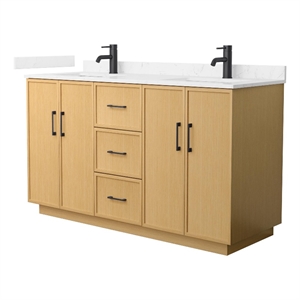 Elan TK 60&quot Light Oak Double Vanity Carrara Cultured Marble Top & Black Trim