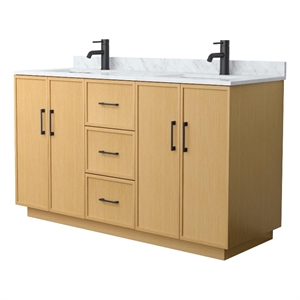 Elan TK 60&quot Light Oak Double Vanity & White Carrara Marble Top & Black Trim