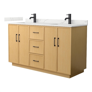 Elan TK 60&quot Light Oak Double Vanity Giotto Quartz Top (1-Hole) & Black Trim