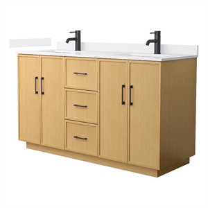 Elan TK 60&quot Light Oak Double Vanity & White Cultured Marble Top & Black Trim