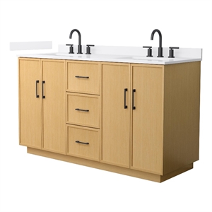Elan TK 60&quot Light Oak Double Vanity & White Quartz Top (3-Hole) & Black Trim