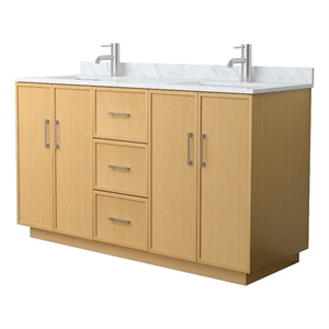 Elan TK 60&quot Light Oak Double Vanity & White Carrara Marble Top & Nickel Trim