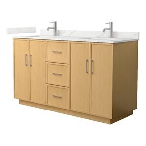 Elan TK 60&quot Light Oak Double Vanity Giotto Quartz Top (1-Hole) & Nickel Trim