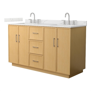 Elan TK 60&quot Light Oak Double Vanity Giotto Quartz Top (3-Hole) & Nickel Trim