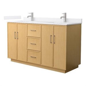 Elan TK 60&quot Light Oak Double Vanity White Cultured Marble Top & Nickel Trim