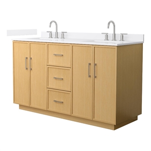 Elan TK 60&quot Light Oak Double Vanity White Quartz Top (3-Hole) & Nickel Trim